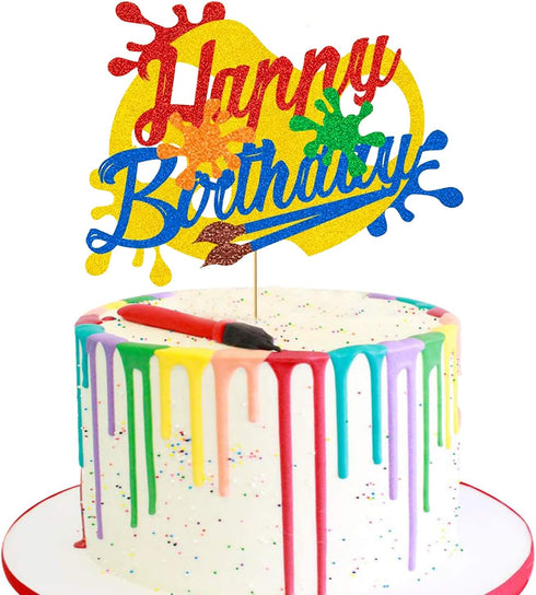 Happy Birthday Cake Decoration, Glitter Art Brush Palette Themed for Girl Boy Kids Birthday Party (Double Sided)