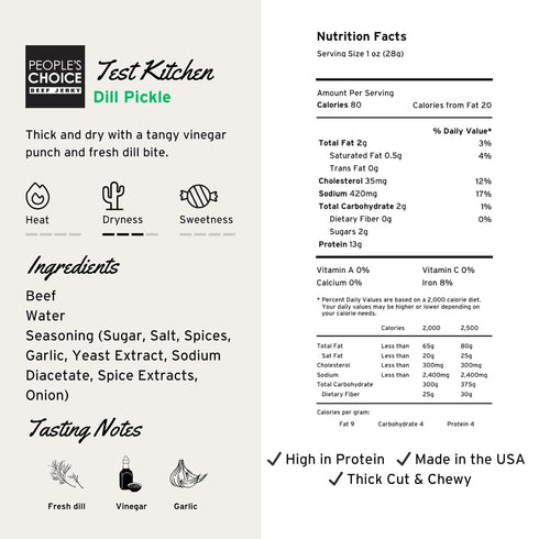 13g 1 (16 oz) Peoples Choice Beef Jerky Test Kitchen Dill Pickle Dry Texture Protein Made in USA Pound Bag