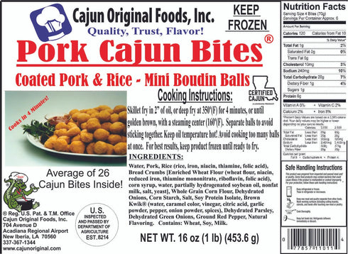 Cajun Original Foods 26 (1 lb). ~0.6 oz Frozen Pork Sausage Boudin Balls, Avg ct Cajun Battered Boudin Sausage Bites