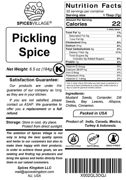 6.5oz, SPICES VILLAGE Pickling Spices for Corned Beef, Pickling Spices Mix for Pickles and Canning, Pickling Seasoning