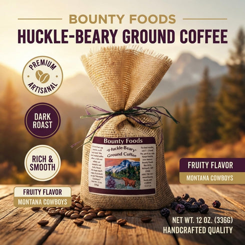 Bounty Foods 12 oz Montana Huckleberry Dessert Ground Coffee - Rustic Western Style Burlap Bag from All Natural Enjoy
