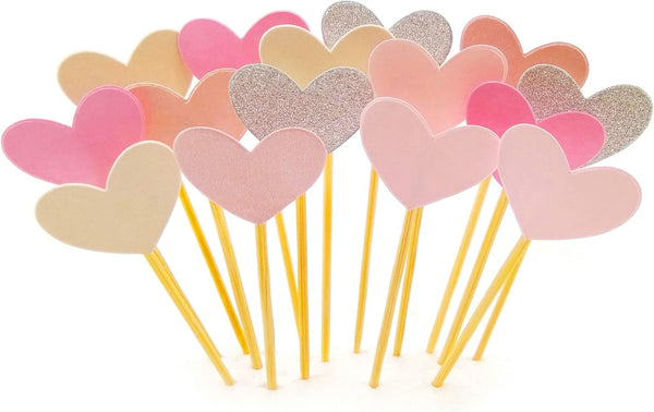 Cupcake Toppers 30Pcs Set, GUCUJI Funny Pink Heart DIY Glitter Mini Birthday Cake Decorations