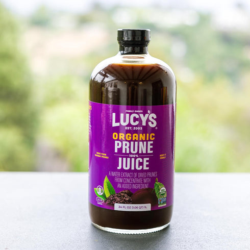 100% 34 oz. (Pack 2) Lucys Family Owned - AMERICAN PRUNES Organic Prune Juice, Glass Bottle