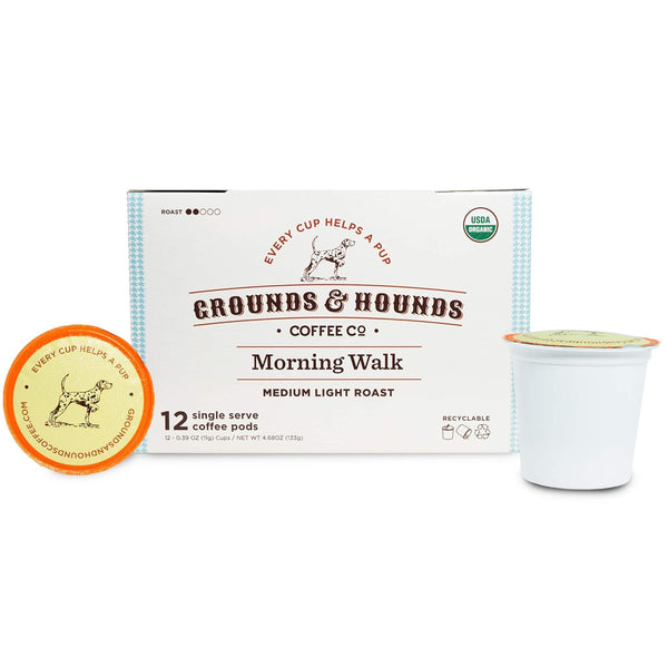 Grounds & Hounds Single Serve Organic Coffee Pods, Medium Roast K Cups, Morning Walk Blend, 12 Count