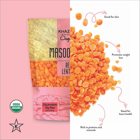 2lb Khazana Organic Masoor Dal - Red Lentils | Non-GMO, Gluten Free & Kosher | Authentic Lentils From India