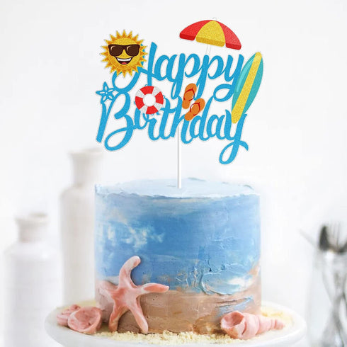 LINGBOOM Summer Beach Happy Birthday Cake Topper - Blue Glitter, 10.7*15 cm/4.2*5.9 inches for Birthday Occasion