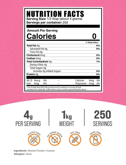 4g 1kg (2.2 lbs) (Pack 1) BulkSupplements.com Allulose Powder - Allulose Sweetener, Sugar Substitutes for Baking, Sugar