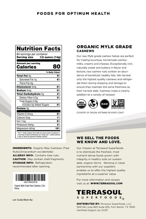 2 Lbs, Terrasoul Superfoods Organic Raw Cashews (Mylk Grade), Premium Quality for Snacking, Desserts, Cashew Milk