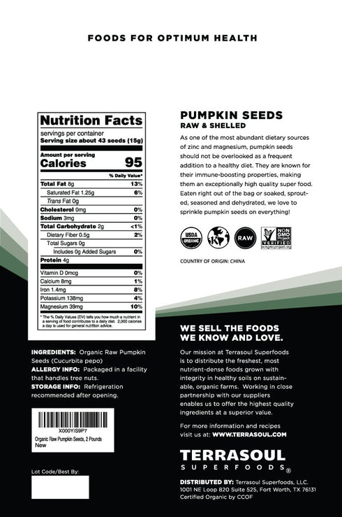 2 Lbs Terrasoul Superfoods Organic Pumpkin Seeds, - Premium Quality, Shelled, Raw, Unsalted