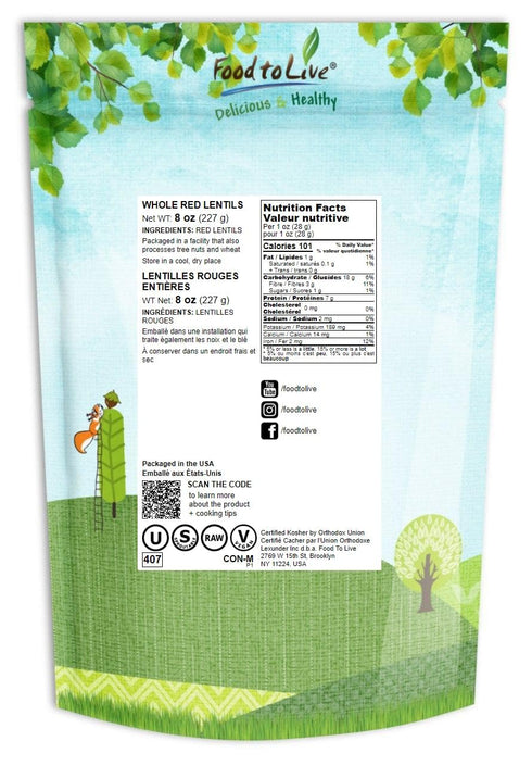 Food to Live Whole Red Lentils, 8 Ounces – Dry Raw Lentils, Vegan, Kosher, Quick-Cooking, Good Source of Fiber and