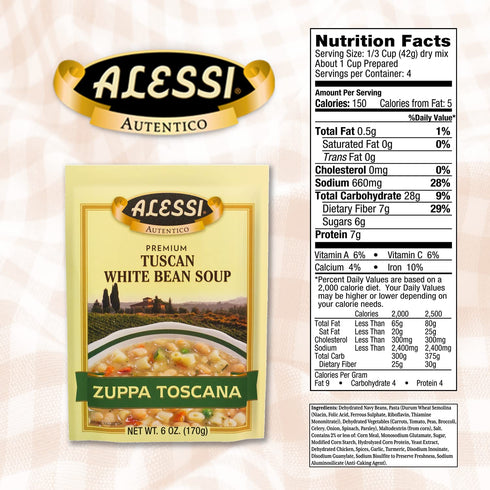 6oz Pack 6) Alessi Autentico Premium Soups, Traditional Flavors, (Tuscan White Bean