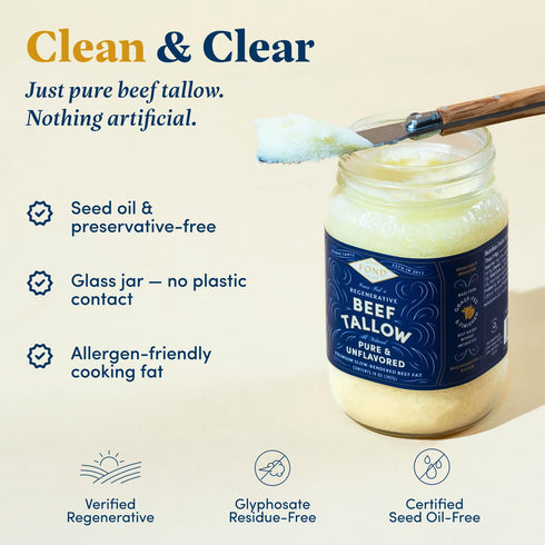 14oz FOND Regenerative Grass-Fed Beef Tallow for Cooking High Smoke Point Grass Fed Beef Tallow for Frying, Sauting