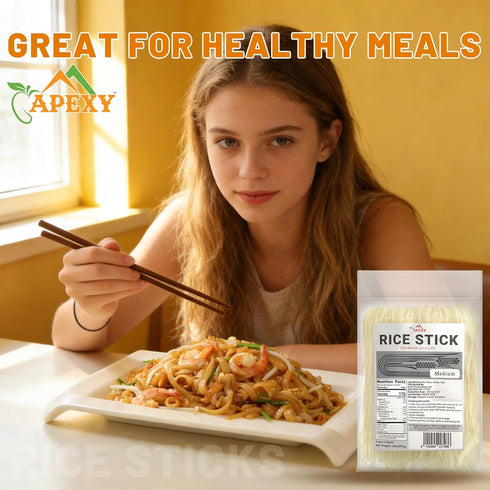 APEXY 14 oz Pack 6 Rice Sticks, of Medium Size Premium Quality Rice Noodles for Stir-Fry, Soup, Pho, Pad Thai, Spring
