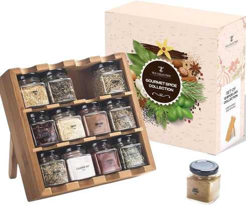 3-Tier 12 12 TILZ GEAR Wooden Spice Rack, Filled Glass Jars, Organic Spices Included, Brown
