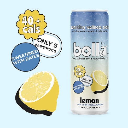 5 12 pack Lemon Sparkling Wellness Soda Naturally sweetened with dates Crafted with balsamic vinegar simple ingredients