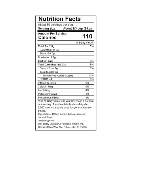 5 Burl Barley Granola, Honey Granola, Whole Grain Barley Cereal, Delicious Granola for Yogurt Parfaits, Bulk Pound Bag