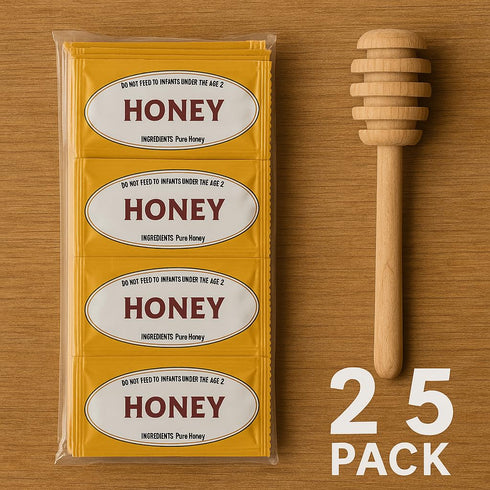 Movelo Packets 25 Packs Pack Honey Single-Serve Portion Sachets with Wooden Dipper Natural Sweetener for Tea, Coffee