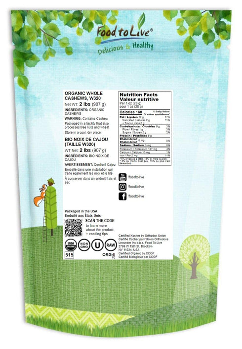 2 Food to Live Organic Raw Cashews, Pounds Non-GMO, Whole, Large, Premium Fancy Nuts, Unsalted, Unroasted, Kosher