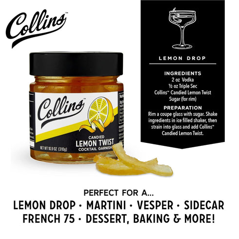 10.9 oz Collins Candied Lemon Twist Cocktail Garnish, Sweet Lemon Peel in Syrup for Skinny Margaritas, Limoncello