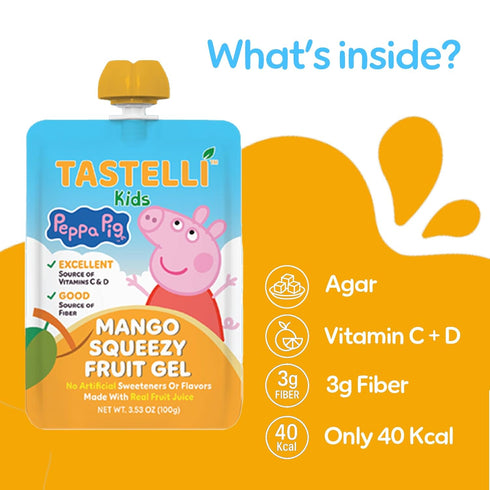 10 Count Tastelli Peppa Pig Kids Squeezy Fruit Gel Mango Flavor No Artificial Sweeteners or Flavors, Made with Real