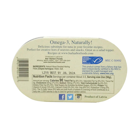 Bar Harbor 6.7 oz (190g) Omega-3 Natural Smoked Wild Kippers, | Naturally Wood Smoked | Ready to Eat | Naturally Rich