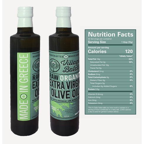 (16.9 oz, Village Batch Raw Organic Extra Virgin Olive Oil, Cold Pressed and Unfiltered EVOO, Authentic Greek Olive