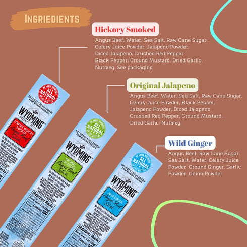 100% 4X 6g Wyoming Grass Fed Beef Sticks - Each Flavor - Cowboy Hickory smoke, Wild Ginger & Original Jalapeno - Clean