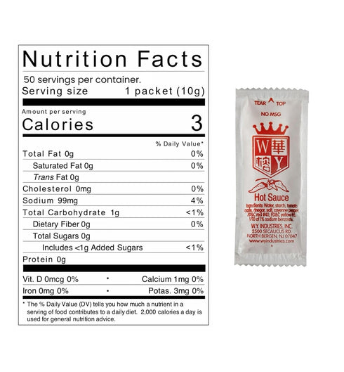 KPAK packets 50 count Packaged 6x9 inch 17.5 oz W.Y. Industries Chinese Takeout Hot Sauce single serve. in food safe