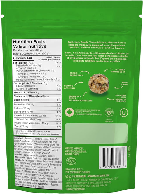 100g (Pack 6) Taste of Nature Nut & Seed Snack Balls - All Organic, Gluten-Free & Non-GMO - Vegan-Friendly Nutritious