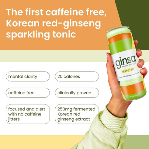 12 Pack 12oz ginsa Sparkling Ginseng Energy Drink with Korean Red Ginseng | Natural Energy Booster | Non-GMO, Supports
