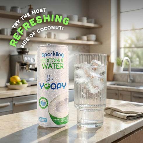 12 pack (8.45 oz Yoopy Sparkling Coconut Water Lightly Carbonated Tropical Drink, No Sugar Added Healthy Soda