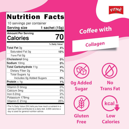 FITNE Instant 3 In 1 Coffee Packets, 10 Sticks with Natural Hydrolyzed Collagen, Vitamin C, No Sugar