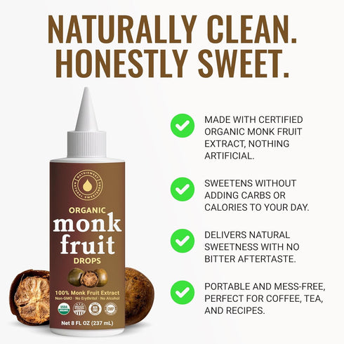 100% 8 oz, 2-Pack Organic Monk Fruit Liquid Sweetener Drops, Pure Extract, Zero Sugar & No Erythritol, Unflavored