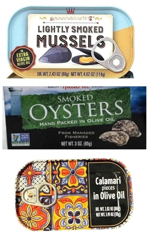 Generic Seafood Bundle Calamari in Oil, Smoked Oysters and Lightly Smoked Mussels Ready