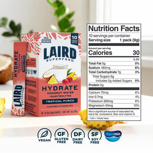 10ct, 0.3 OZ LAIRD SUPERFOOD Tropical Punch Hydrate Coconut Water