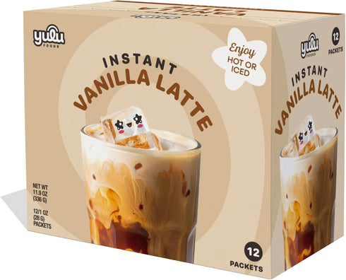 (12 8.47 oz) 3-in-1 YULU FOODS Vanilla Instant Latte Mix Servings, | Vanilla Powder with Creamer & Sugar | Non-Dairy |