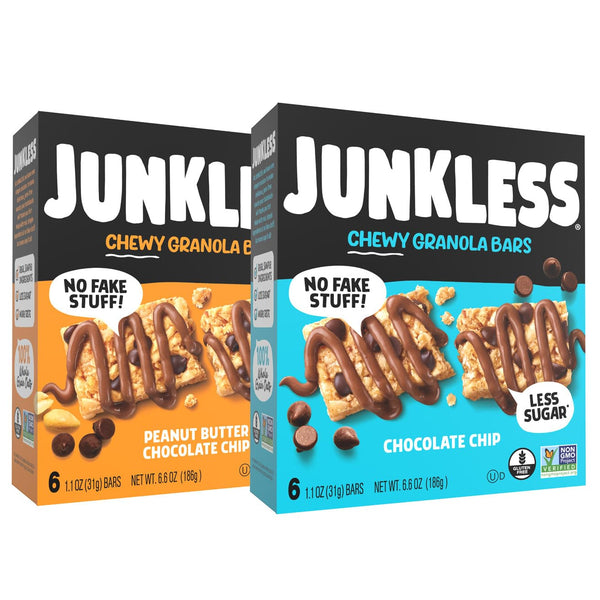 JUNKLESS Classic Chewy Granola Bars - Chocolate Chip and Peanut Butter Chocolate