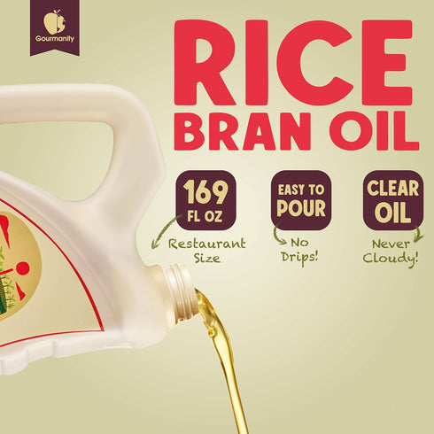 1.32 100% (169 oz/1.32 Gourmanity Rice Bran Oil, Bulk Gallon Easy Pour Bottle, Heart Healthy Oil Made From Pure Rice
