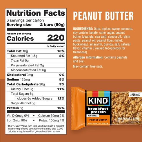 Pack, 8g 18 Count (18 Packs 2 KIND Breakfast Protein Bars Variety Gluten Free, Low Sodium, Healthy Snacks, Peanut
