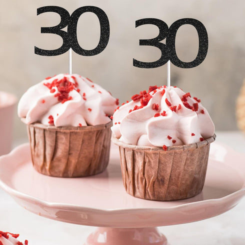 Sumerk 24PCS 30 Cupcake Toppers, Black Glitter 30th Birthday Cupcake Picks, Anniversary Party Decorations