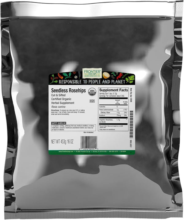 Frontier Co-op Organic Seedless Rosehips, Cut and Sifted - 100% Natural Dried