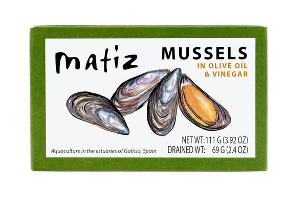 Matiz España Mussels in Extra Virgin Olive Oil & Apple Cider Vinegar, 3.92 oz - Handcrafted in Galicia, Spain