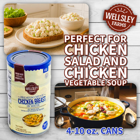 Wellsley Farms Package 4. (10oz. Premium Chicken Breast. No Antibiotics Ever. Chunk White Meat. of Cans) Fully Cooked