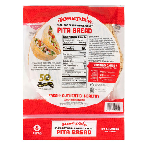6-Pack, 7g (6 Pack, 36 Joseph's Pita Bread Value Flax Oat Bran and Whole Wheat, Net Carbs per Serving, Fresh Baked per