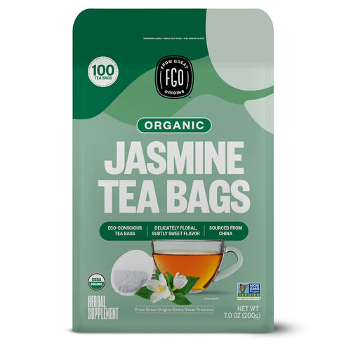 FGO Organic Jasmine Green Tea - 100 Count Eco-Conscious Tea Bags, Resealable Bag