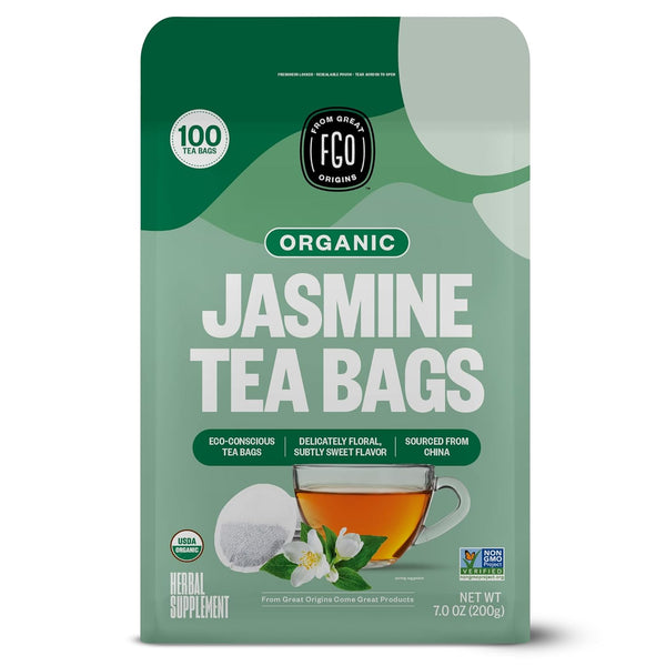 FGO Organic Jasmine Green Tea - 100 Count Eco-Conscious Tea Bags, Resealable Bag