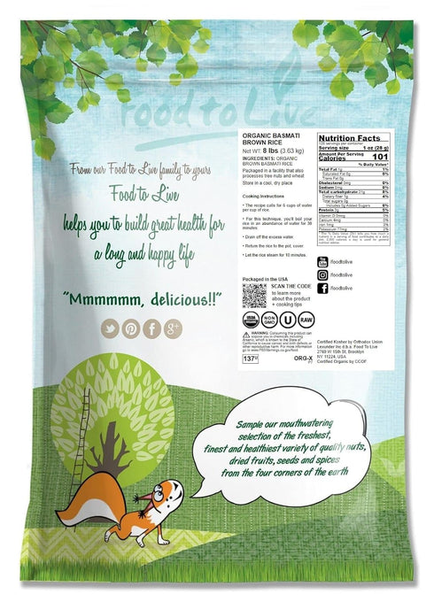 8 Food to Live - Organic Brown Basmati Rice, Pounds Non-GMO, Whole Grain, Long-Grain Rice Variety, Fragrant, Kosher