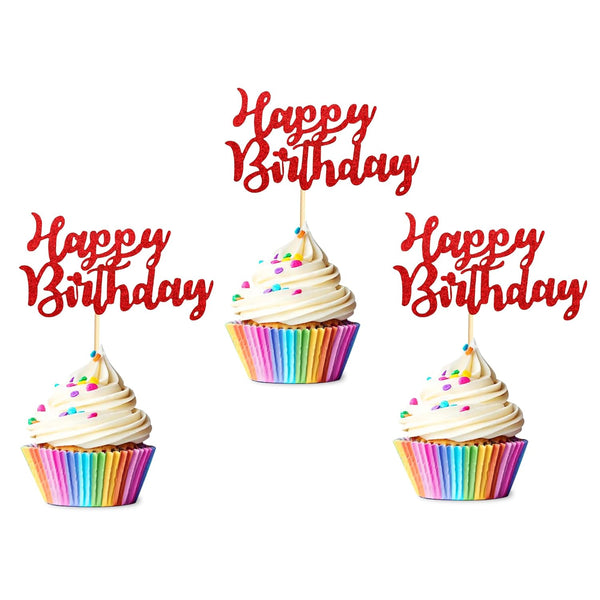 Pack of 48 Pre-Assembled Red Glitter Happy Birthday Cupcake Toppers, Cake Food Fruit Picks for Birthday Party Decoration