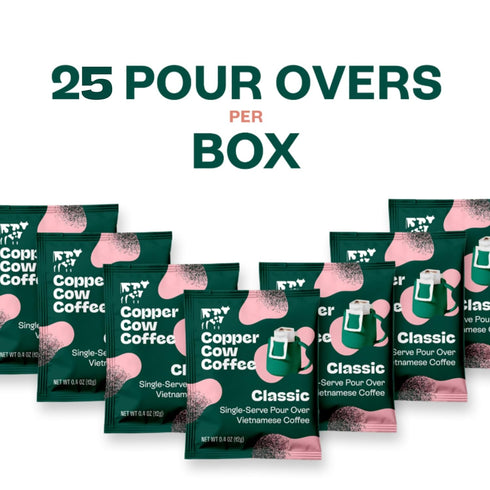 (25 pack) Packets, Copper Cow Coffee Premium Pour Over Single-Serve Vietnamese Coffee Pouches | Classic Black | Dark