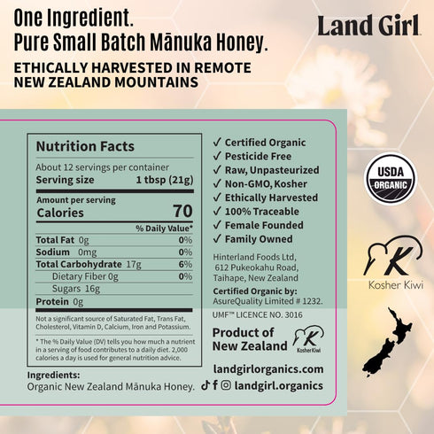 Land Girl 15+, 550+, 8.8 oz Organics New Zealand Raw Premium Manuka Honey | Monofloral, USDA Certified Organic
